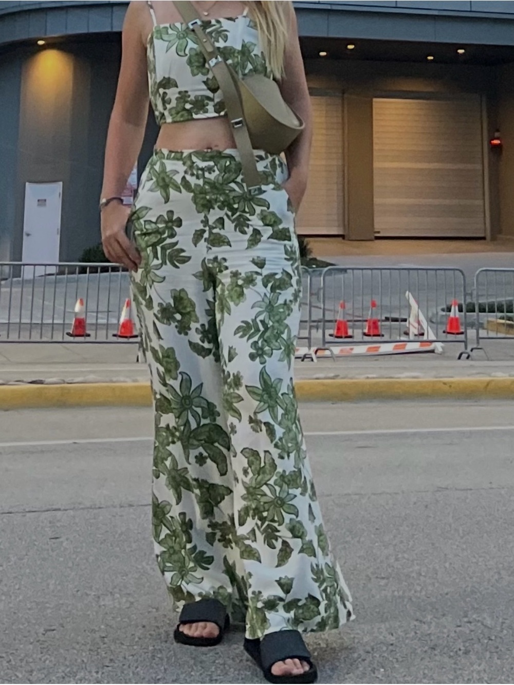 Midnight Sky Green Floral Matching Crop Top and Wide-Leg Pants Set